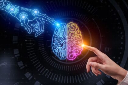 Inteligência artificial e a experiência do usuário: humano e IA dividindo e tocando cérebro.