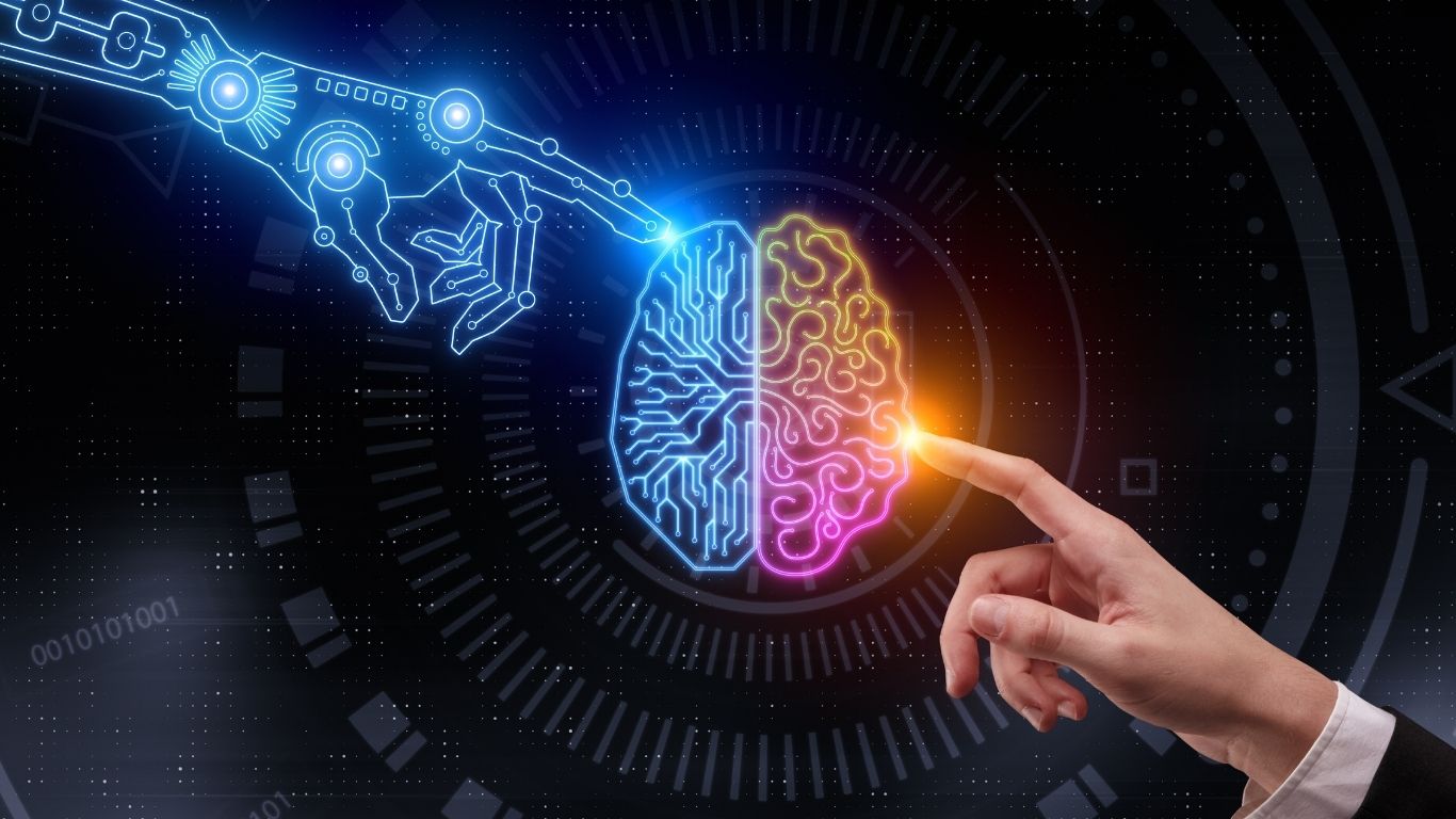 Inteligência artificial e a experiência do usuário: humano e IA dividindo e tocando cérebro.