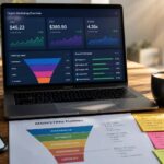 Mesa de trabalho com laptop mostrando dashboards de marketing digital e anotações de funil