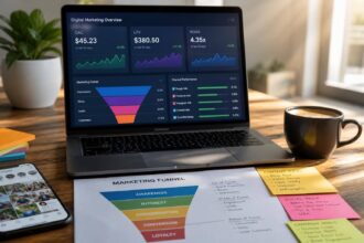 Mesa de trabalho com laptop mostrando dashboards de marketing digital e anotações de funil