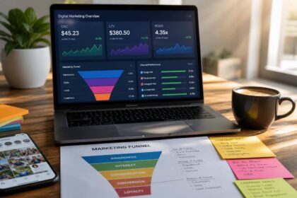 Mesa de trabalho com laptop mostrando dashboards de marketing digital e anotações de funil