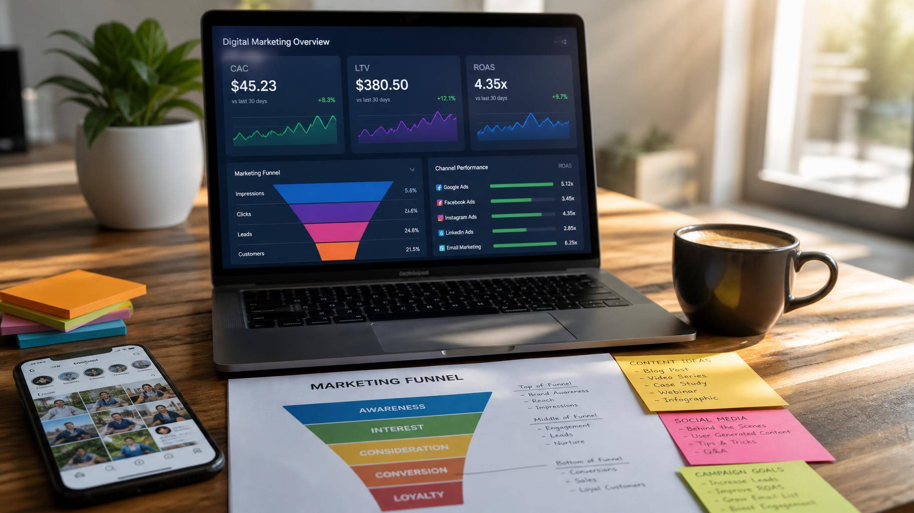 Mesa de trabalho com laptop mostrando dashboards de marketing digital e anotações de funil