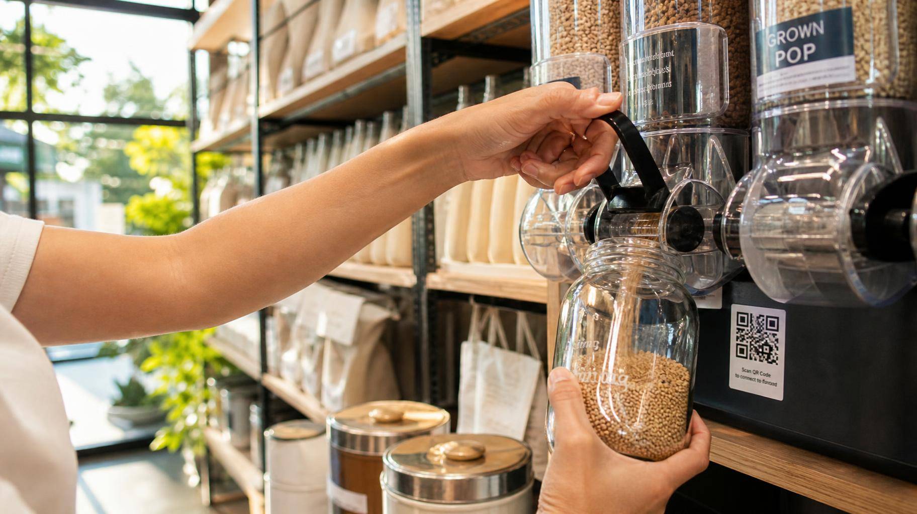 Cliente enchendo pote de vidro em estação de refil sustentável em supermercado